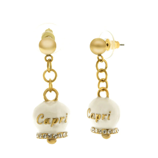 AMO CAPRI - ORECCHINI CON CAMPANELLE PENDENTI PLACCATE ORO SMALTO BIANCO E SCRITTA CAPRI