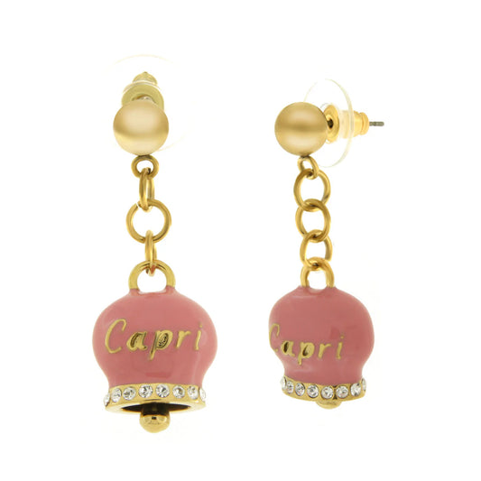 AMO CAPRI - ORECCHINI CON CAMPANELLE PENDENTI PLACCATI ORO SMALTO ROSA E CRISTALLI
