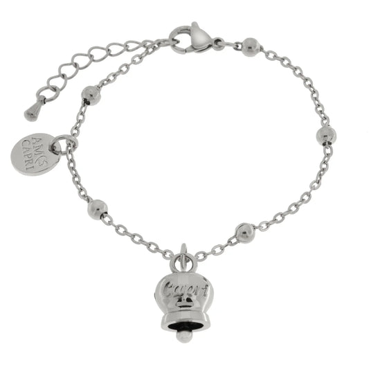 AMO CAPRI - BRACCIALE IN ACCIAIO CON CAMPANELLA PICCOLA RODIO SCRITTA CAPRI