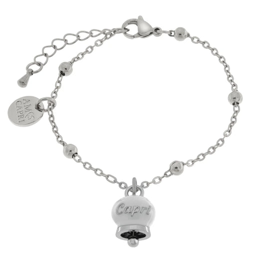 AMO CAPRI - BRACCIALE IN ACCIAIO CON CAMPANELLA PICCOLA BIANCA SCRITTA CAPRI (Copia)