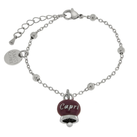 AMO CAPRI - BRACCIALE IN ACCIAIO CON CAMPANELLA PICCOLA BORGOGNA SCRITTA CAPRI
