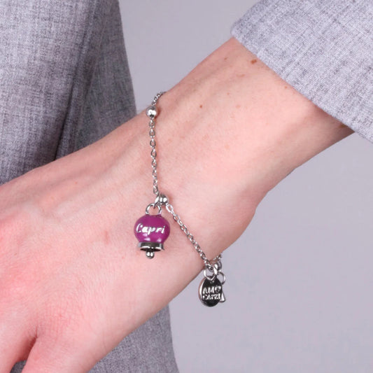 AMO CAPRI - BRACCIALE IN ACCIAIO CON CAMPANELLA PICCOLA BORGOGNA SCRITTA CAPRI