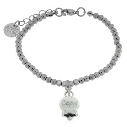 AMO CAPRI - BRACCIALE IN ACCIAIO CON CAMPANELLA PICCOLA BIANCA SCRITTA CAPRI