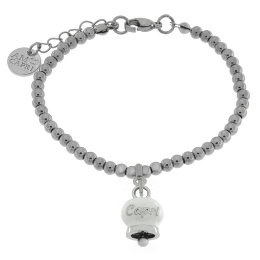 AMO CAPRI - BRACCIALE IN ACCIAIO CON CAMPANELLA PICCOLA BIANCA SCRITTA CAPRI