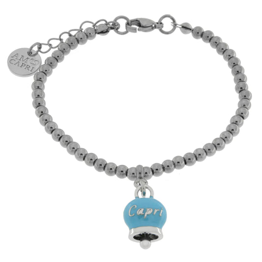 AMO CAPRI - BRACCIALE IN ACCIAIO CON CAMPANELLA PICCOLA TURCHESE SCRITTA CAPRI