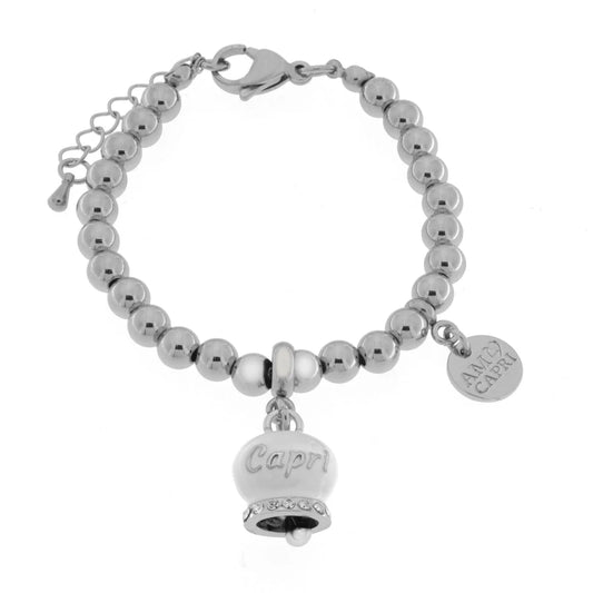 AMO CAPRI - BRACCIALE IN ACCIAIO CON CAMPANELLA BIANCA SCRITTA CAPRI E CRISTALLI