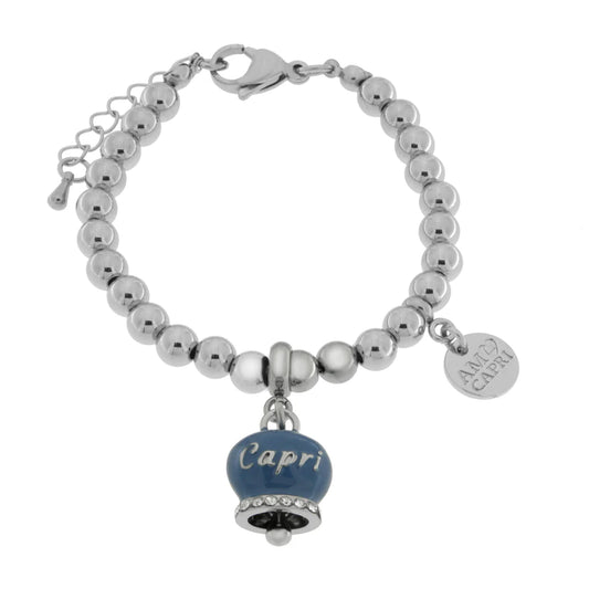 AMO CAPRI - BRACCIALE IN ACCIAIO CON CAMPANELLA AVIO SCRITTA CAPRI E CRISTALLI