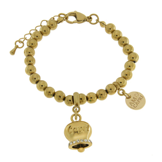 AMO CAPRI - BRACCIALE IN METALLO DORATO CON CAMPANELLA SCRITTA CAPRI