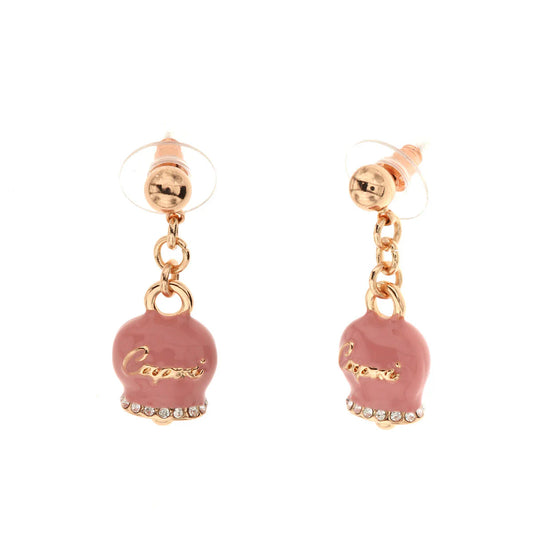 AMO CAPRI - ORECCHINI CON CAMPANELLE PENDENTI PLACCATI ORO ROSE' SMALTO ROSA E CRISTALLI