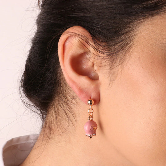 AMO CAPRI - ORECCHINI CON CAMPANELLE PENDENTI PLACCATI ORO ROSE' SMALTO ROSA E CRISTALLI