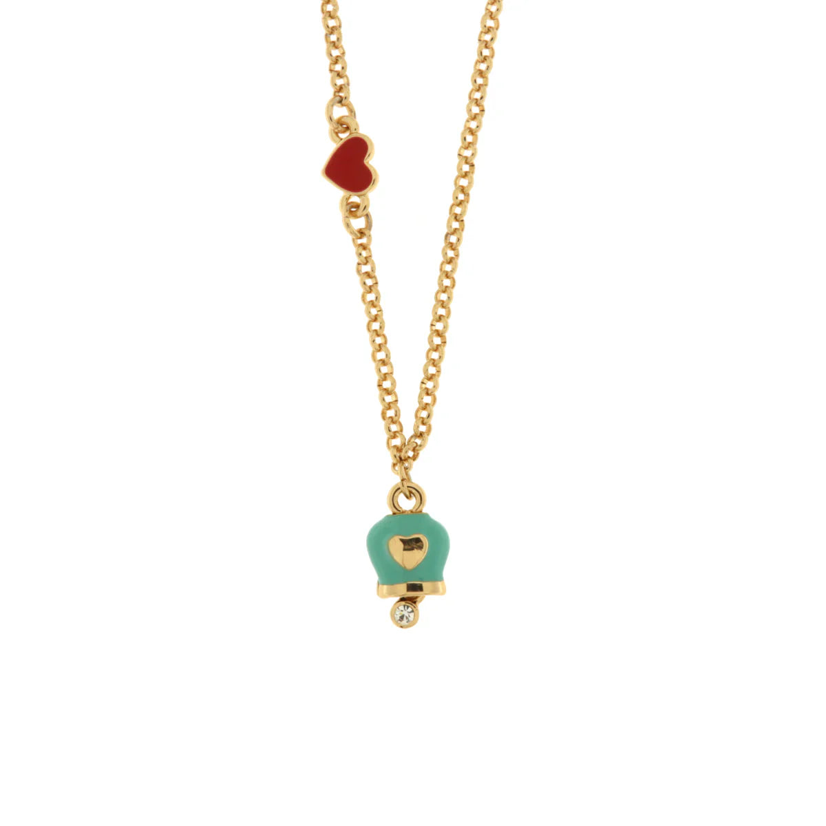 GOLDEN METAL NECKLACE WITH TURQUOISE BELL AND HEARTS