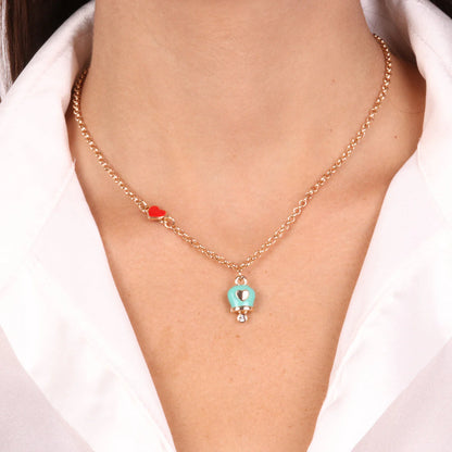 GOLDEN METAL NECKLACE WITH TURQUOISE BELL AND HEARTS