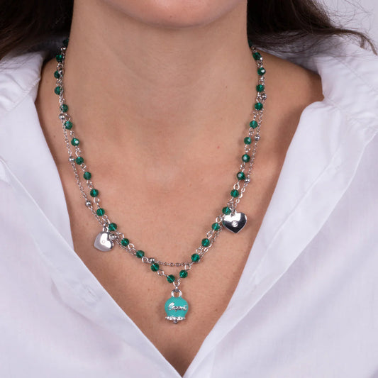 COLLANA IN METALLO MULTIFILO CON CAMPANELLA E PIETRE VERDE MARINO
