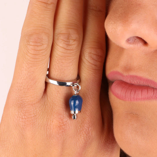 AMO CAPRI - ANELLO METALLO CON CAMPANELLA MINI SMALTO BLU E PUNTO LUCE