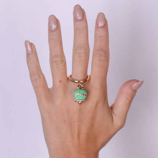 AMO CAPRI - ANELLO METALLO CON CAMPANELLA SMALTO VERDE PRATO E PUNTO LUCE
