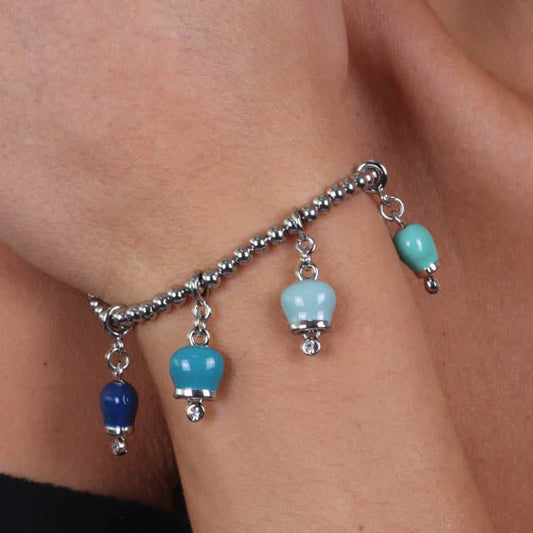 AMO CAPRI - BRACCIALE IN ACCIAIO CON TRE CAMPANELLE PICCOLE SMALTATE MULTICOLOR