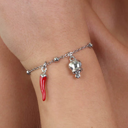 AMO CAPRI - BRACCIALE IN METALLO CON CAMPANELLA E CORNO SMALTATO ROSSO