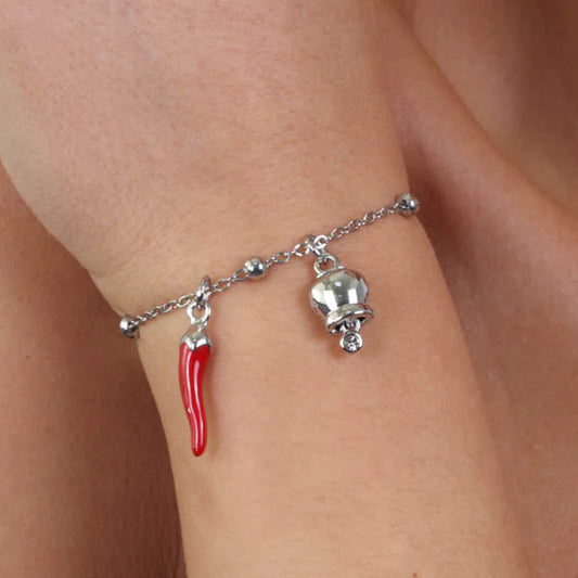 AMO CAPRI - BRACCIALE IN METALLO CON CAMPANELLA E CORNO SMALTATO ROSSO