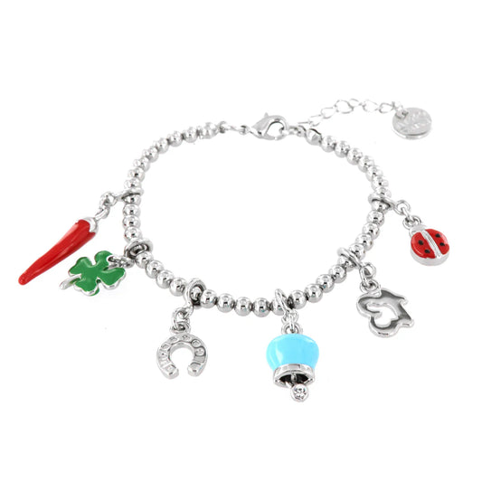 AMO CAPRI - BRACCIALE IN METALLO CON SIMBOLI PORTAFORTUNA E CAMPANELLA