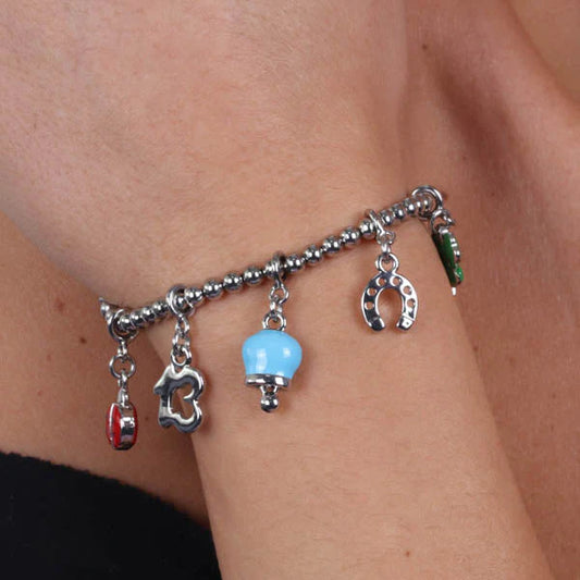 AMO CAPRI - BRACCIALE IN METALLO CON SIMBOLI PORTAFORTUNA E CAMPANELLA