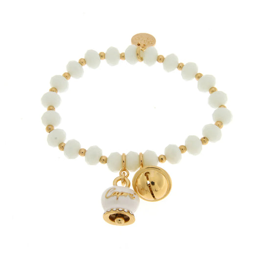 AMO CAPRI - BRACCIALE ELASTICO  CON CAMPANELLA BIANCA SCRITTA CAPRI E PIETRE BIANCHE