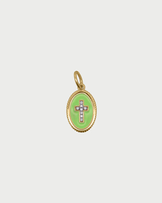 CHARM BAR - CIONDOLO CROCE IN ARGENTO DORATO SMALTO VERDE E ZIRCONI BIANCHI