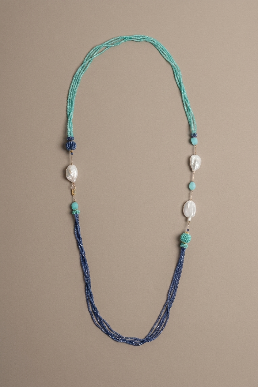 SICYLUI - NECKLACE WITH BLUE AND TURQUOISE ZIRCONIA AND BAROQUE PEARLS