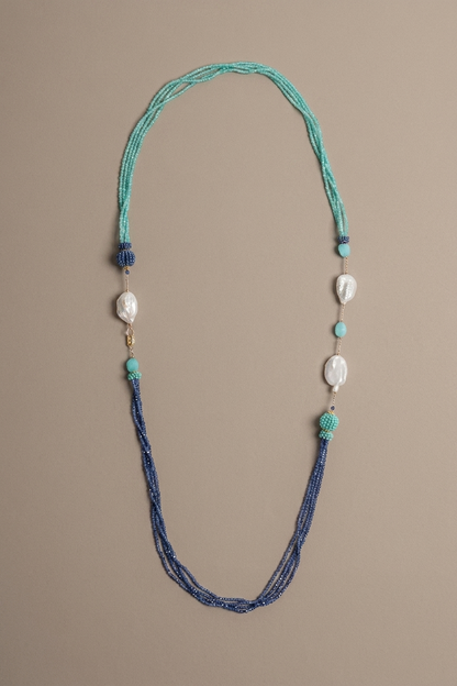 SICYLUI - NECKLACE WITH BLUE AND TURQUOISE ZIRCONIA AND BAROQUE PEARLS