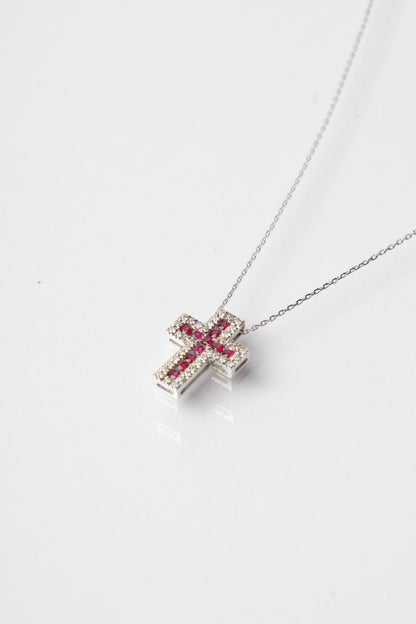 SAR GIOIELLI - COLLANA IN ORO BIANCO E CROCE CON RUBINI E DIAMANTI