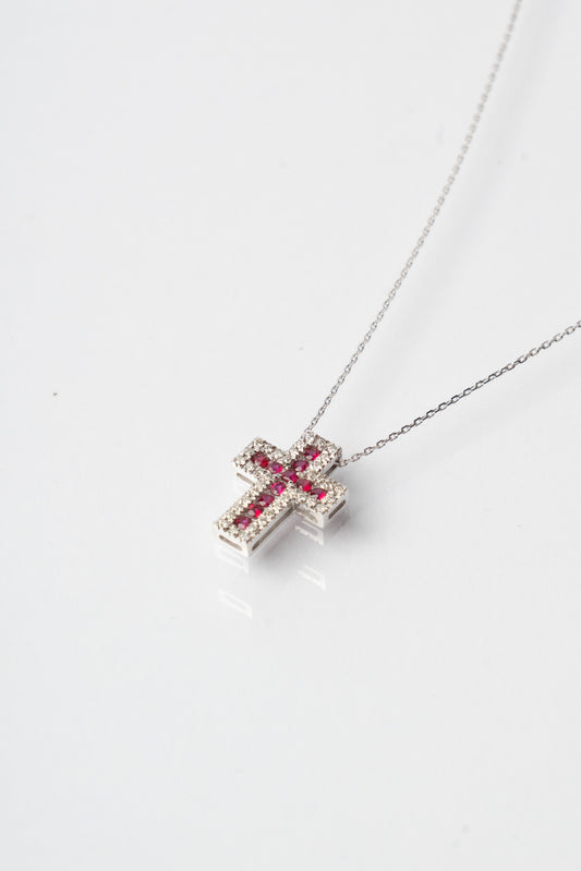 SAR GIOIELLI - COLLANA IN ORO BIANCO E CROCE CON RUBINI E DIAMANTI
