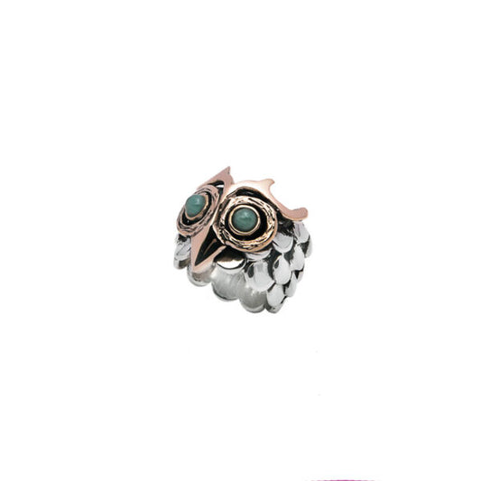 ANELLO CIVETTA OCCHI IN RADICE DI SMERALDO ARGENTO E BRONZO