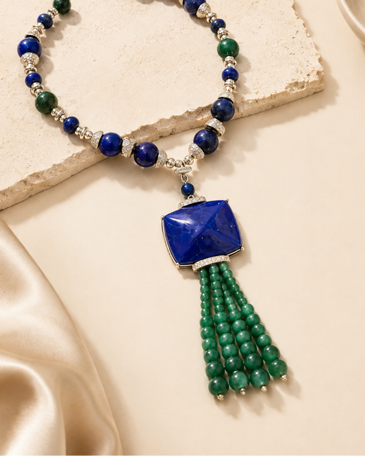 PABLO - BRASS GREEN AGATE BLUE QUARTZ NECKLACE
