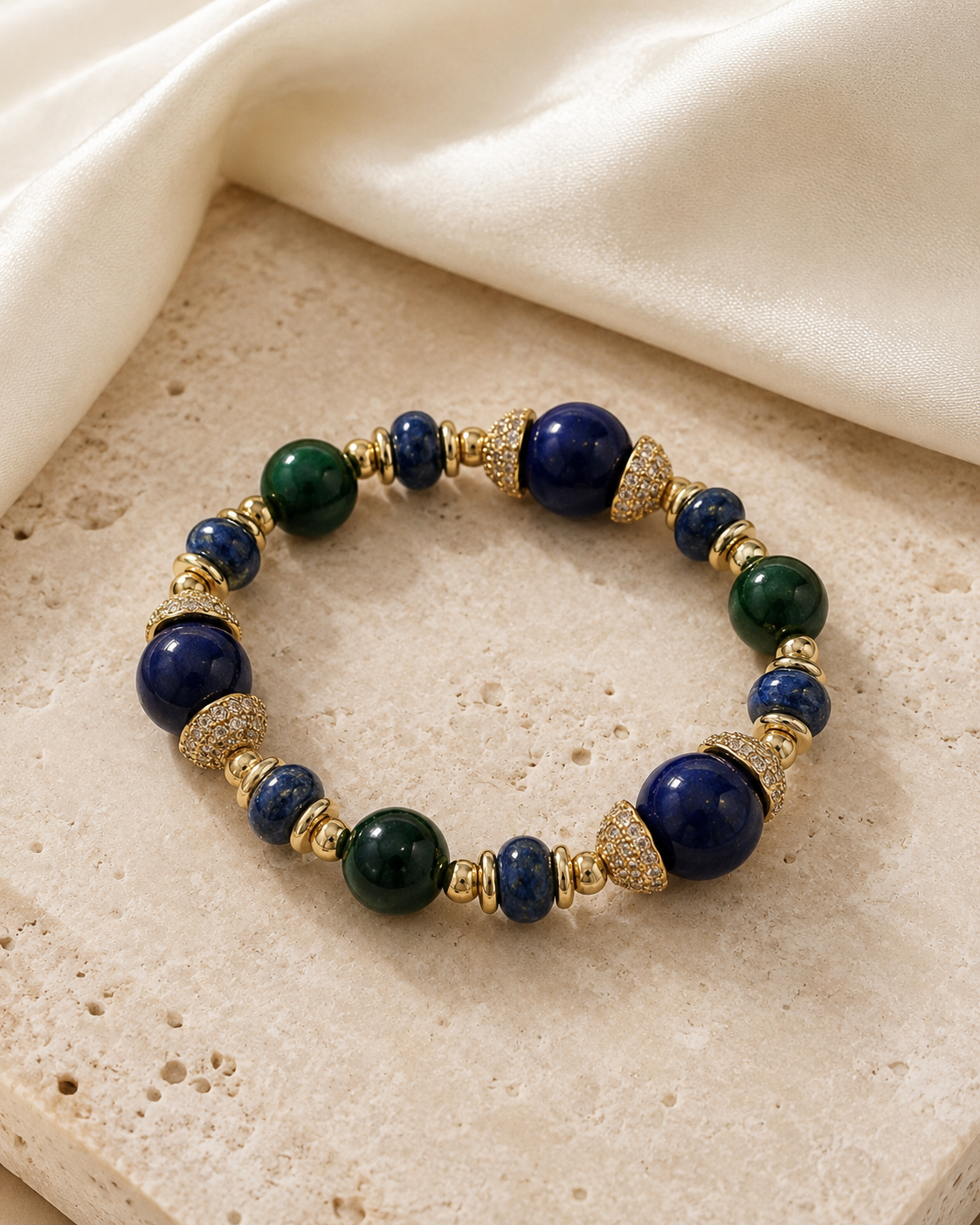 PABLO - BRASS BRACELET WITH GREEN AGATE AND BLUE QUARTZ
