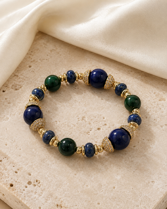 PABLO - BRASS BRACELET WITH GREEN AGATE AND BLUE QUARTZ