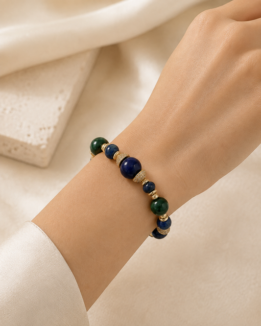 PABLO - BRASS BRACELET WITH GREEN AGATE AND BLUE QUARTZ