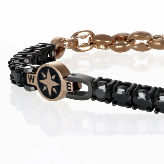 GOYATE' - BRACCIALE UOMO IN ACCIAIO ORO ROSE' CON ROSA DEI VENTI E ZIRCONI NERI