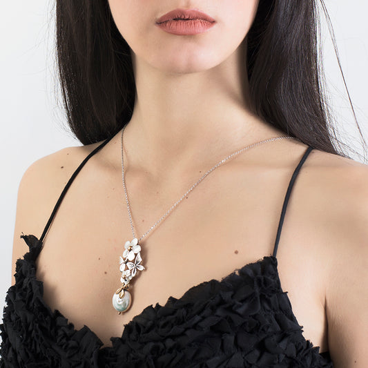 COLLANA CIONDOLO PRIMAVERA IN ARGENTO E BRONZO CON PERLA PENDENTE