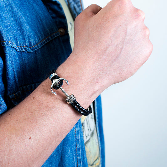 BRACCIALE UOMO IN CUOIO CON ANCORA ARGENTO