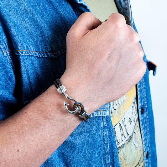 BRACCIALE UOMO IN CUOIO AVIO E MARRONE CON AMO ARGENTO