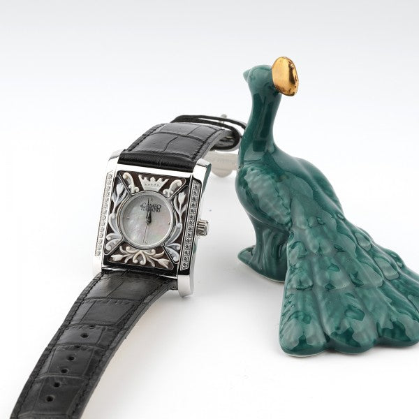 CAMEO ITALIANO - OROLOGIO PARTENOPE ACCIAIO RODIO CINTURINO NERO E ZIRCONI