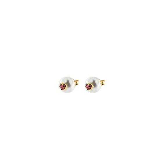 ORECCHINI PERLE ARGENTO DORATO CON CUORI ZIRCONI ROSSI