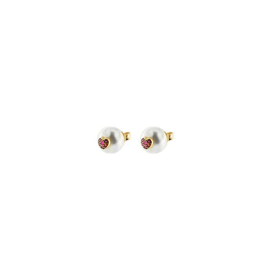 ORECCHINI PERLE ARGENTO DORATO CON CUORI ZIRCONI ROSSI