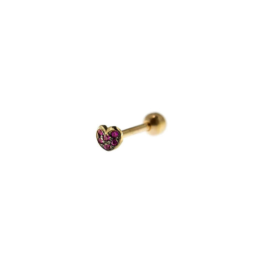 ORECCHINO PIERCING ARGENTO DORATO CUORE CON ZIRCONI ROSSI