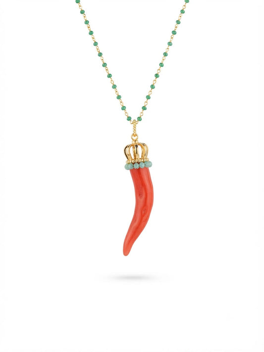 SICYLUI - COLLANA CORNO IN CERAMICA SALMONE CON CORONA E CORALLINI VERDE MARE