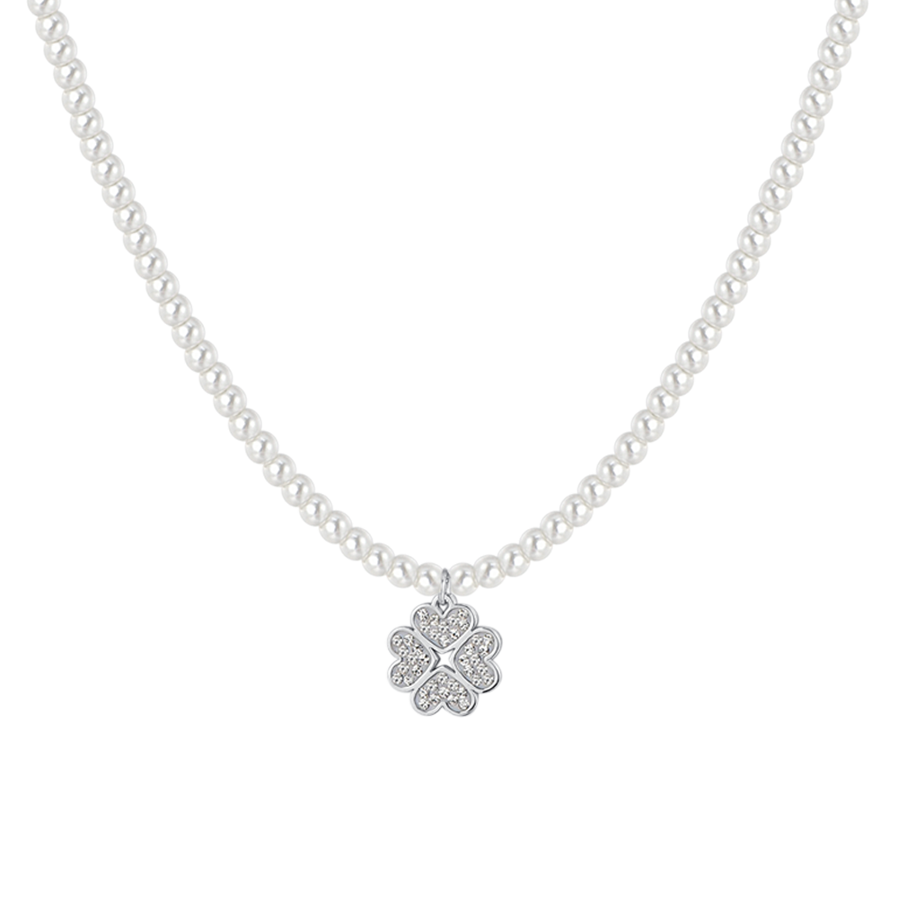 LUCA BARRA - COLLANA DONNA IN ACCIAIO PERLE E QUADRIFOGLIO